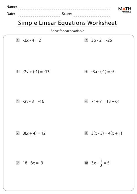 linear equation worksheet with answers grade 7